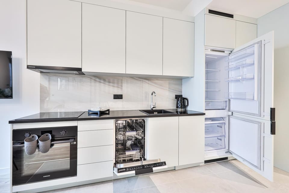 Kitchen or kitchenette, dishwasher, oven