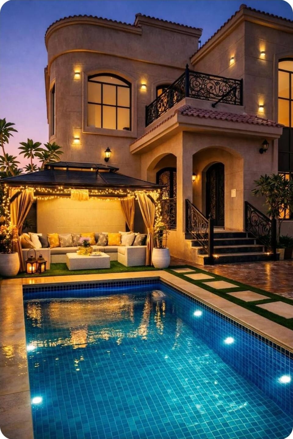 Property building, Patio, Night, Pool view, Swimming pool