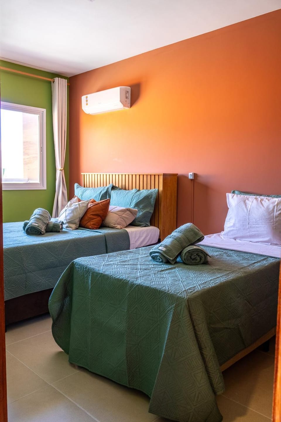 Bed, Photo of the whole room, Bedroom, towels, air conditioner