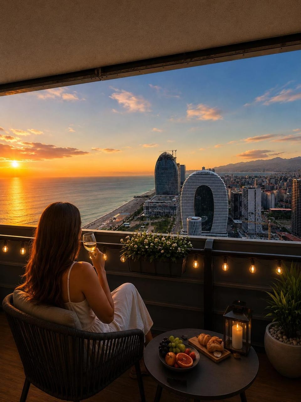 People, Natural landscape, Balcony/Terrace, Sea view, Sunset