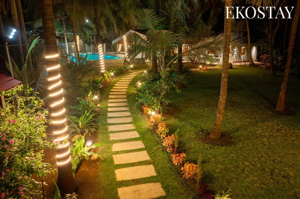 Night, Natural landscape, Garden, Text overlay, Garden view, Pool view, Swimming pool