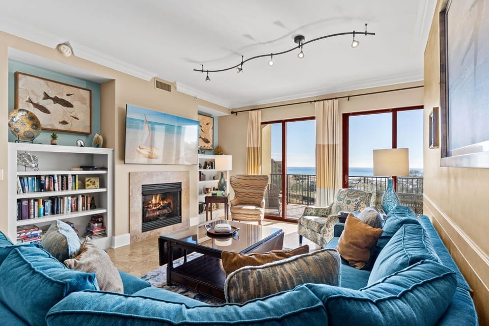 Library, Living room, Seating area, Sea view, fireplace, furniture