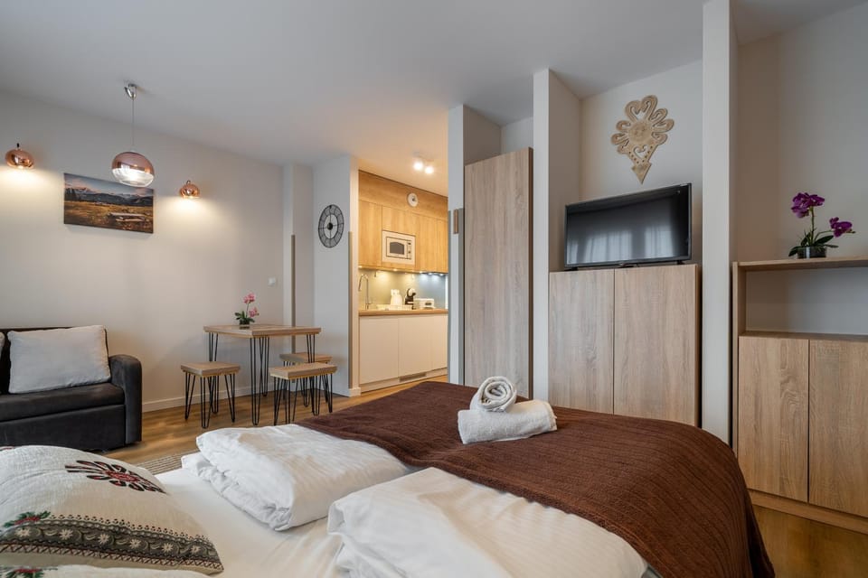 Bed, TV and multimedia, Kitchen or kitchenette, Photo of the whole room, Bedroom, towels, wardrobe