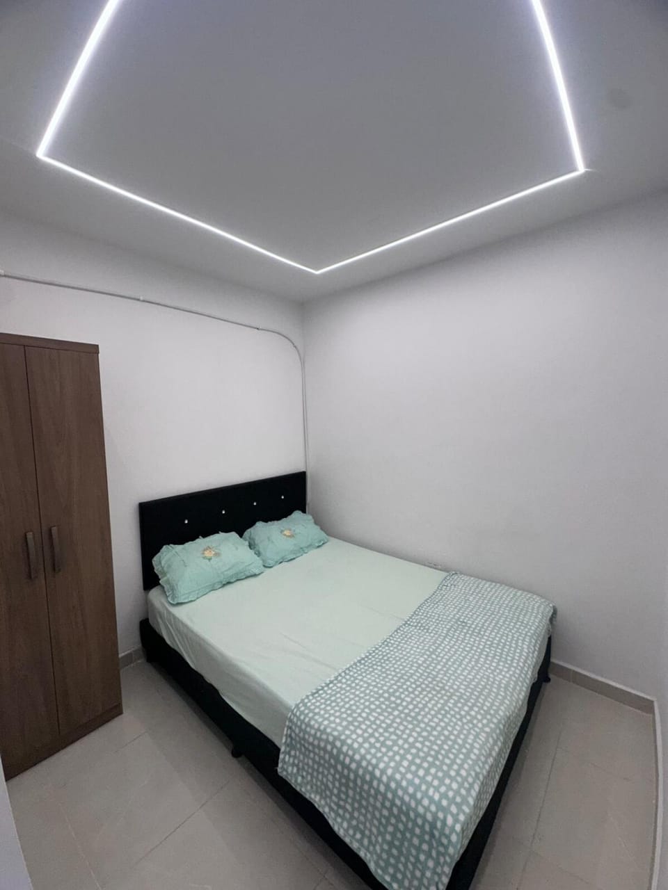 Bed, wardrobe