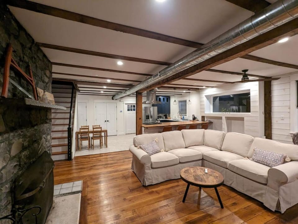Kitchen or kitchenette, Living room, Seating area, Dining area, fireplace