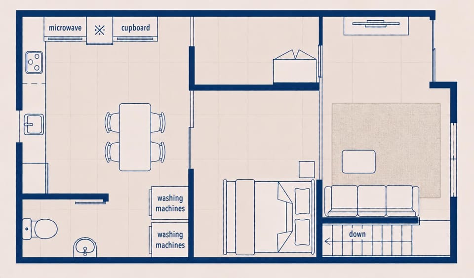 Kitchen or kitchenette, Living room, Seating area, Floor plan, Dining area, Bedroom, microwave, laundry, washing machine