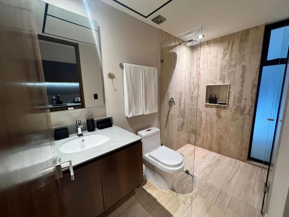 Shower, Toilet, Bathroom, hair dryier, towels