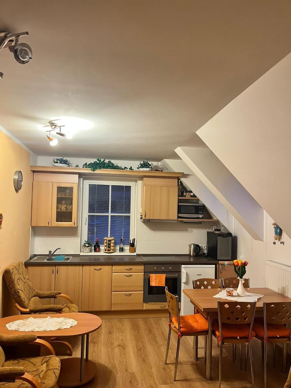 Kitchen or kitchenette, Living room, Dining area, oven, stove