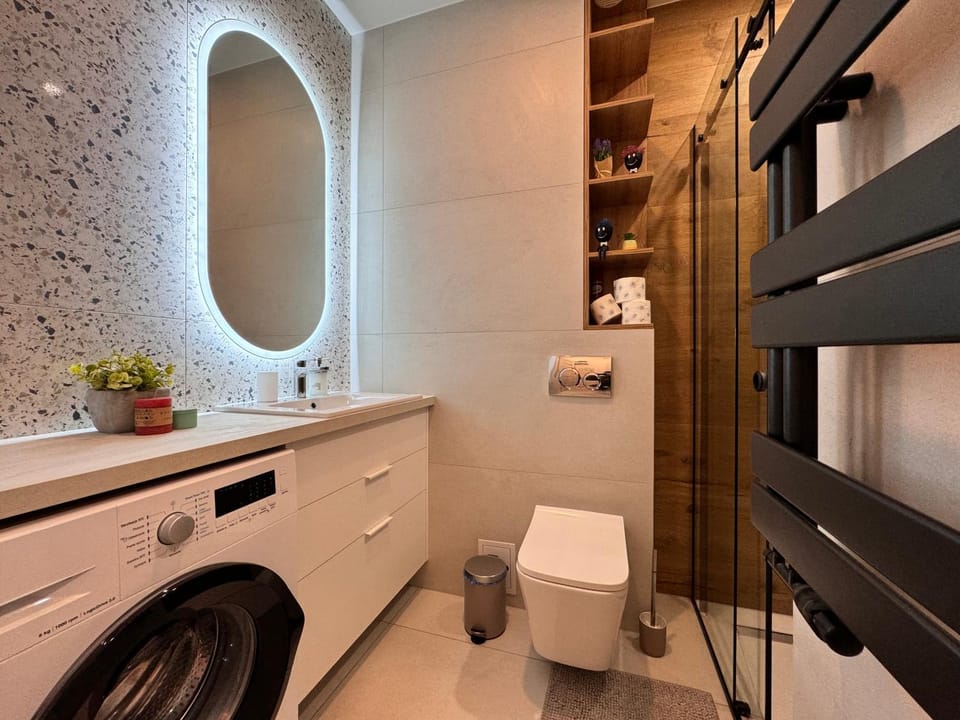 Toilet, Bathroom, towels, washing machine