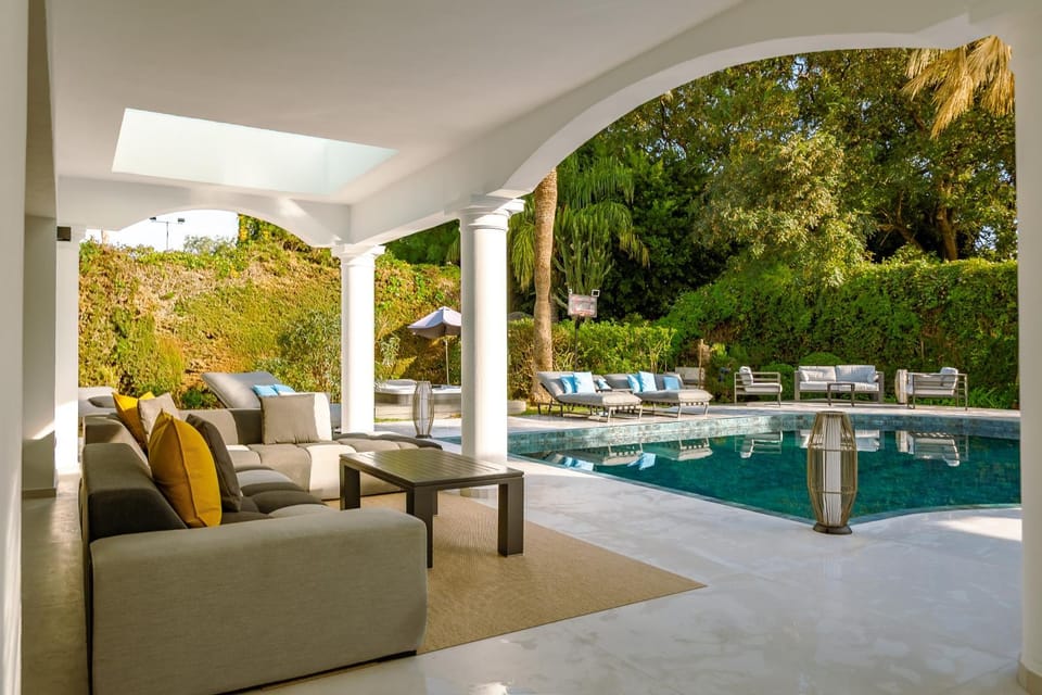 Property building, Living room, Swimming pool