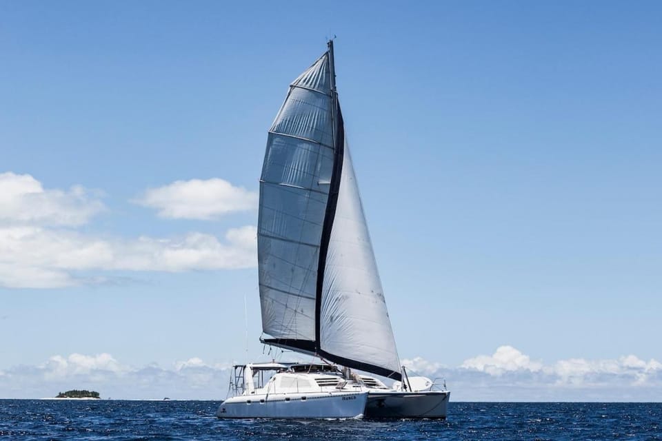 Itusca catamaran charter Docked boat in Western Division, Fiji