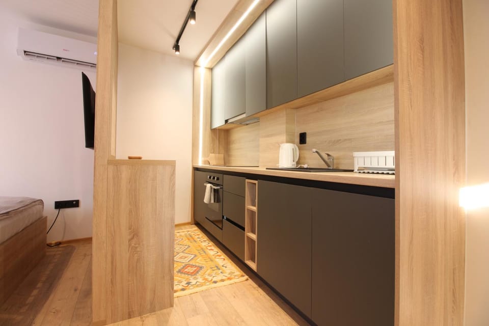 Kitchen or kitchenette, stove