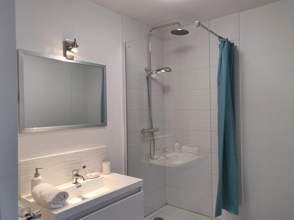 Shower, Bathroom, hair dryier, towels, washing machine, dryer