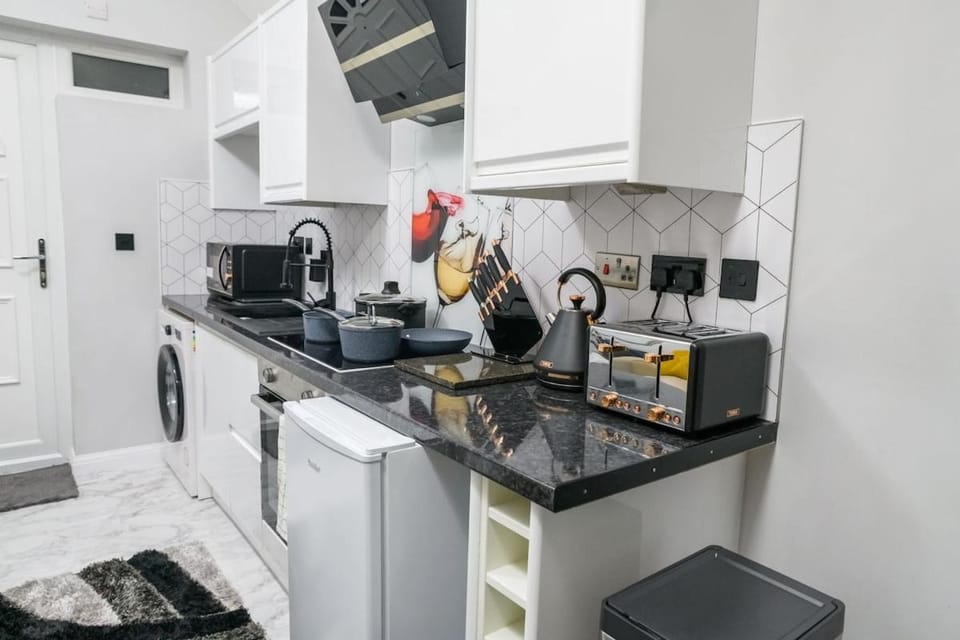 Kitchen or kitchenette, oven, toaster, washing machine, dryer
