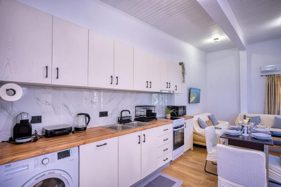 Coffee/tea facilities, Kitchen or kitchenette, Living room, Seating area, Dining area, stove, toaster, washing machine, air conditioner