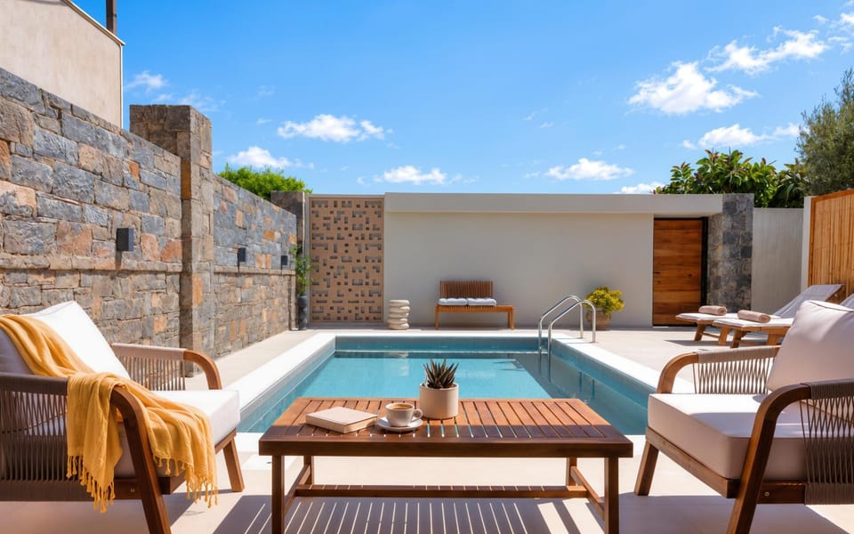 Patio, Day, Natural landscape, Living room, Seating area, Pool view, Swimming pool, sunbed