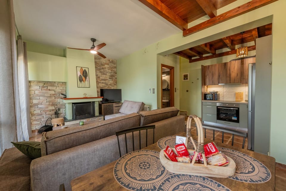 Living room, Dining area, fireplace, kitchen