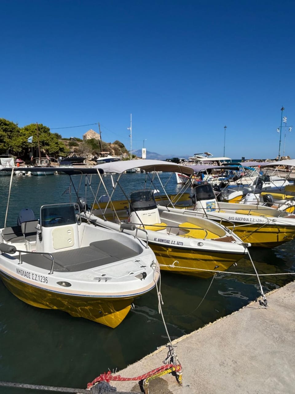 Tsilivi Yellow Boats Docked boat in Zakynthos, Greece