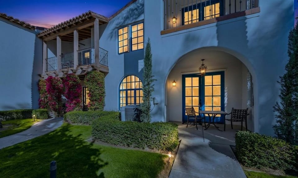 Property building, Patio, Facade/entrance, Night, Garden, Balcony/Terrace, Seating area