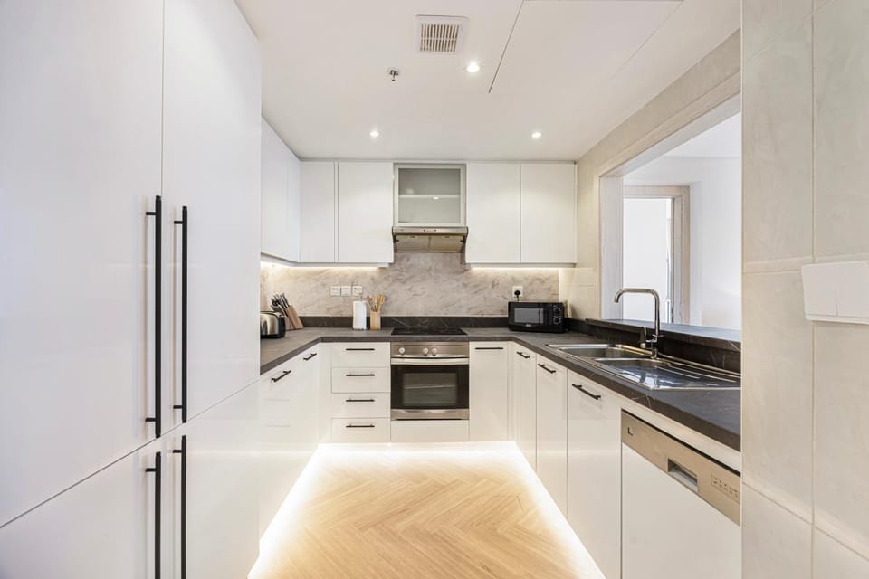 Kitchen or kitchenette, dishwasher, stove