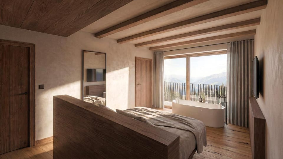 Bed, Natural landscape, TV and multimedia, Photo of the whole room, Bedroom, Mountain view, towels