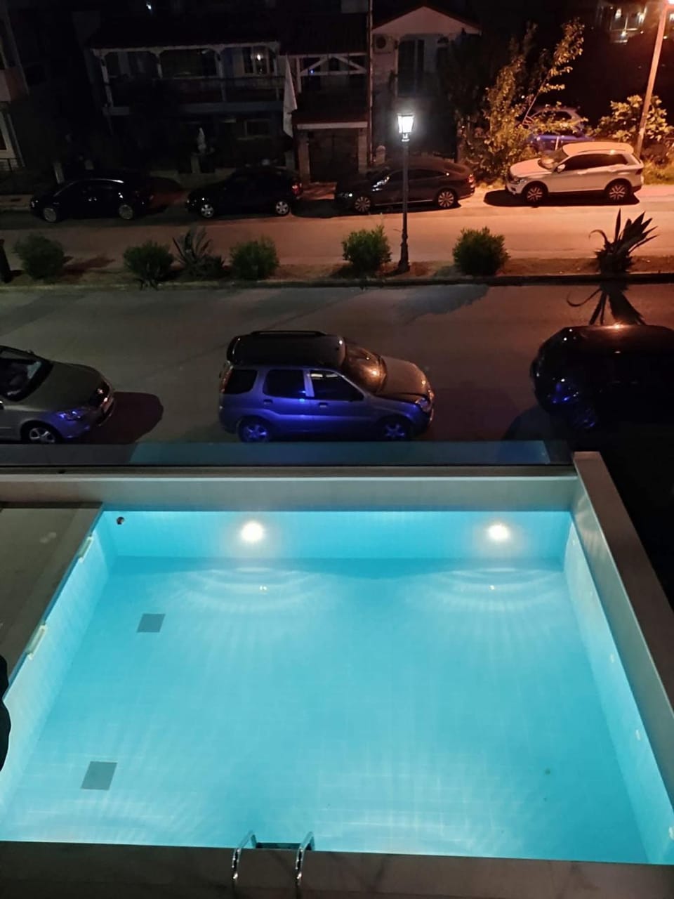 Night, Pool view, Swimming pool, Parking