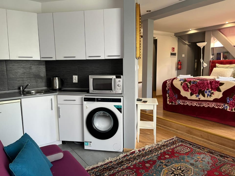 Bed, Kitchen or kitchenette, Living room, Photo of the whole room, Seating area, Bedroom, washing machine