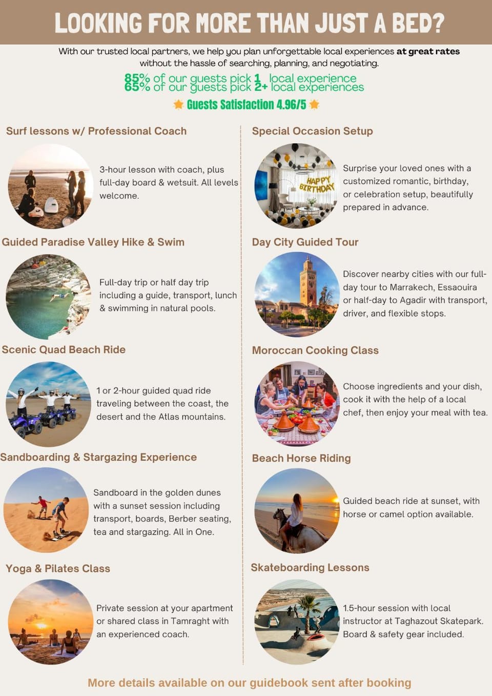 Activities, Horse-riding, Food and drinks, Beach, Hiking, Text overlay