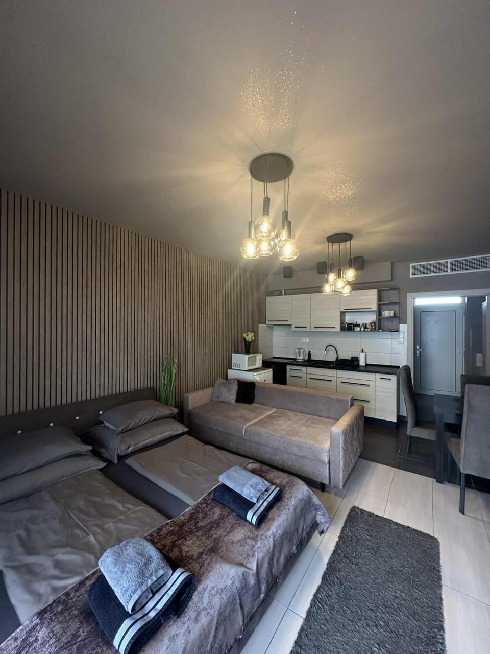 Kitchen or kitchenette, Photo of the whole room, Dining area, Bedroom, microwave, oven, stove, kitchen, air conditioner