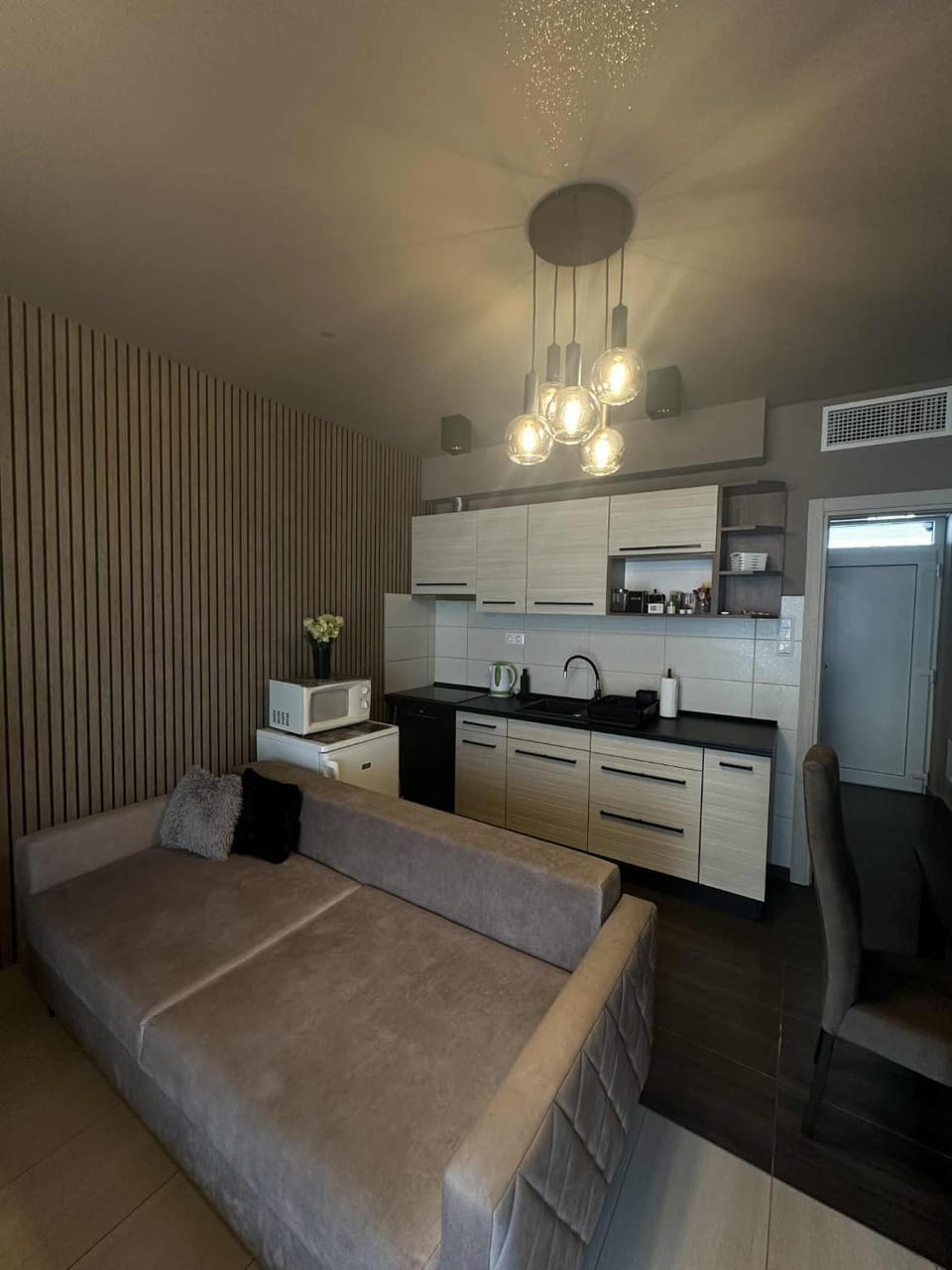 Bed, Kitchen or kitchenette, Photo of the whole room, microwave, oven, stove, toaster, kitchen, air conditioner