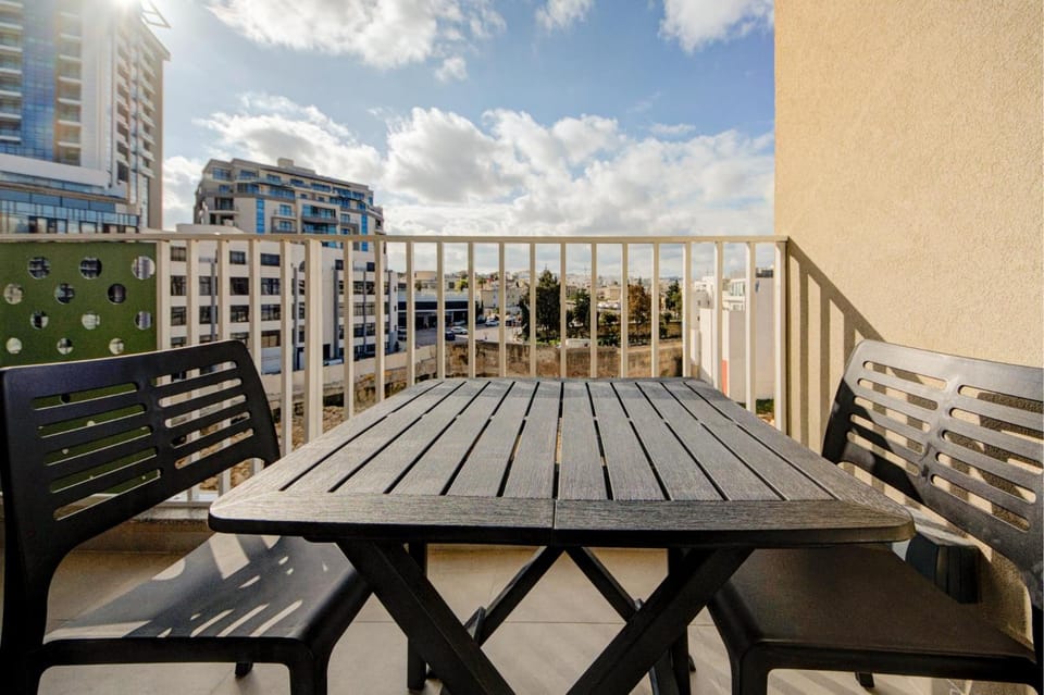 Property building, Patio, Day, View (from property/room), Balcony/Terrace, Living room, Seating area, Dining area