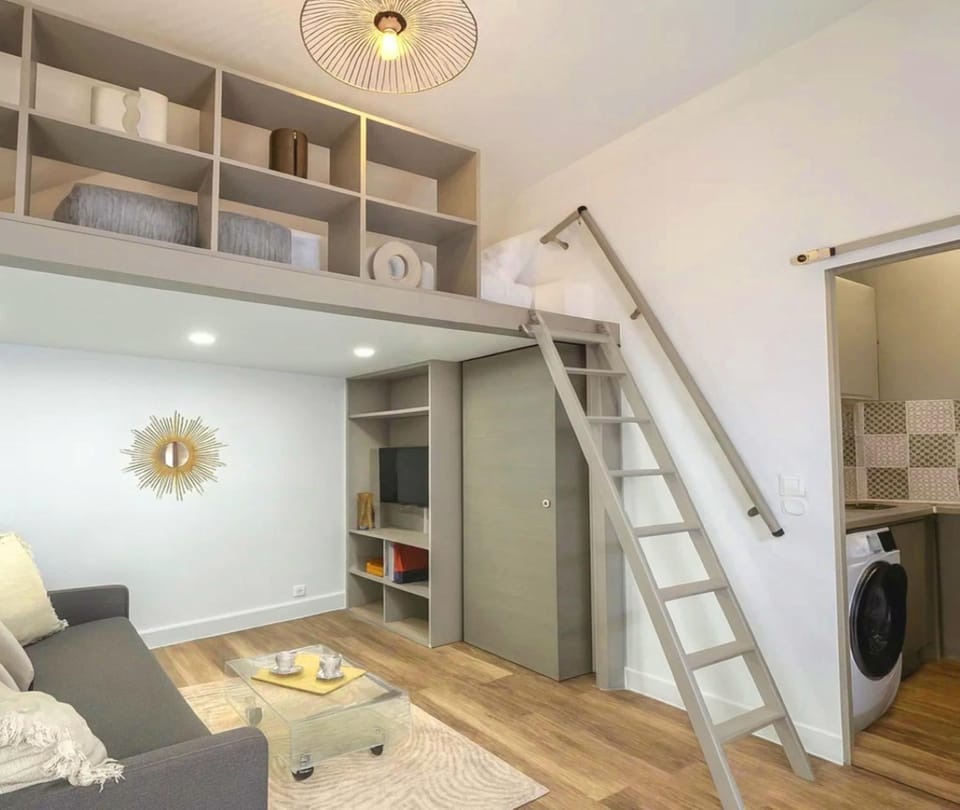 Bed, Living room, Seating area, storage, washing machine, acessibility