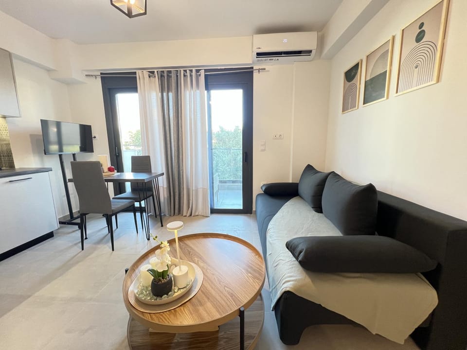 TV and multimedia, Kitchen or kitchenette, Living room, Seating area, Dining area, Food, air conditioner