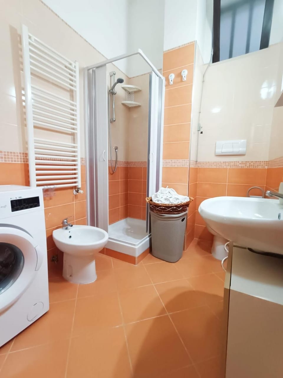 Shower, Toilet, Bathroom, bidet, towels, washing machine