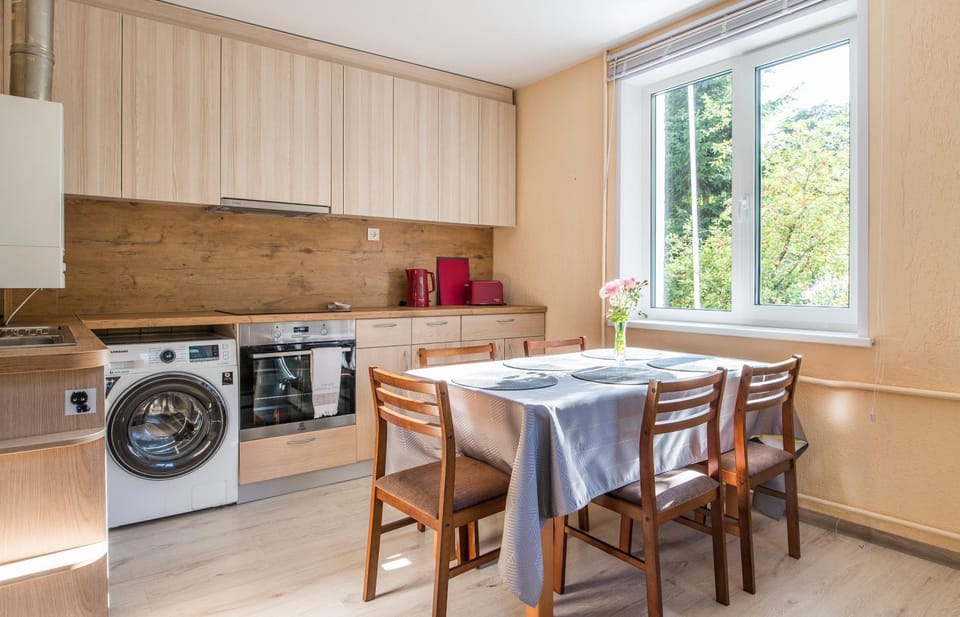 Kitchen or kitchenette, Seating area, Dining area, oven, stove, toaster, washing machine