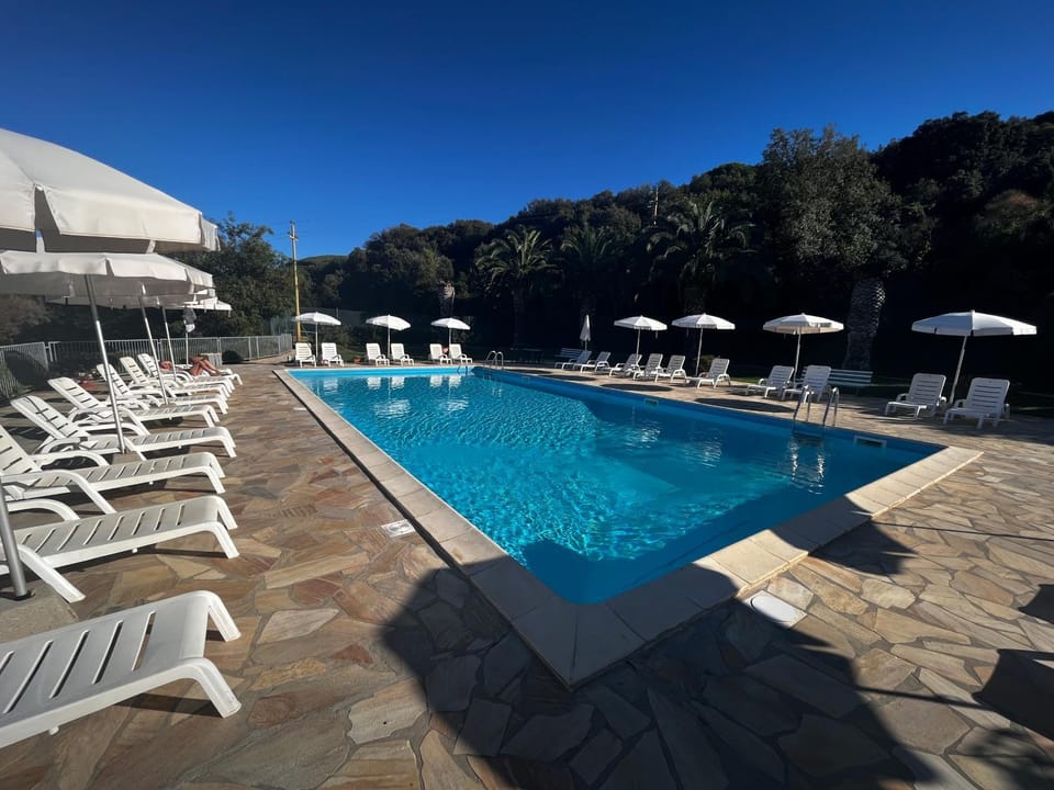 Swimming pool, sunbed
