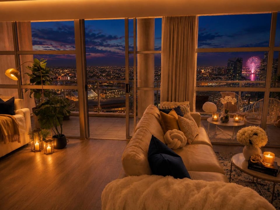 Night, Living room, Seating area, City view