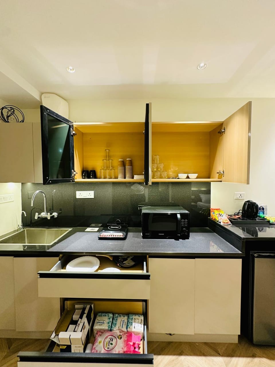 Kitchen or kitchenette, stove