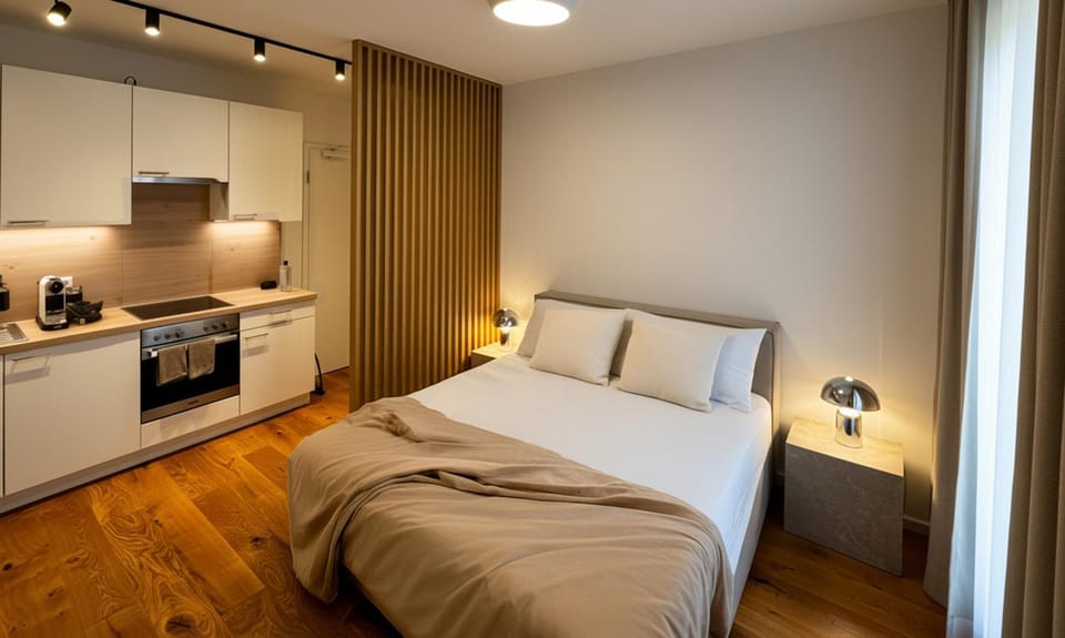 Bed, Kitchen or kitchenette, Photo of the whole room, Bedroom, stove