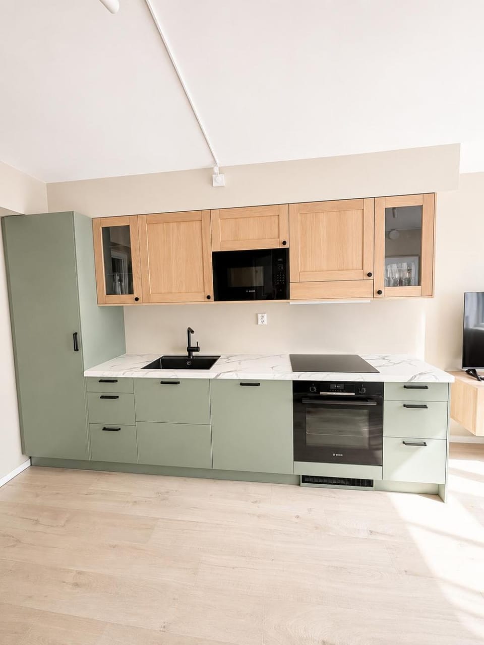 Kitchen or kitchenette, stove