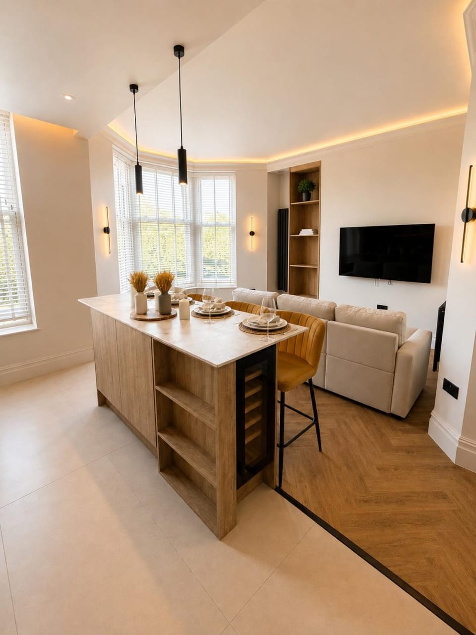 TV and multimedia, Kitchen or kitchenette, Living room, Photo of the whole room, Seating area, Dining area