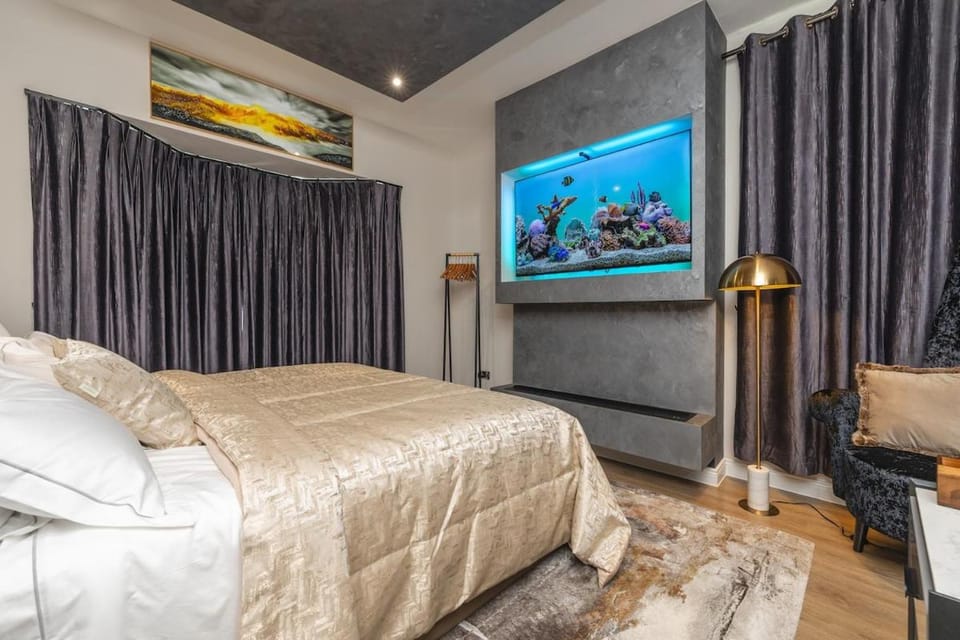 Bed, TV and multimedia, Decorative detail, fireplace