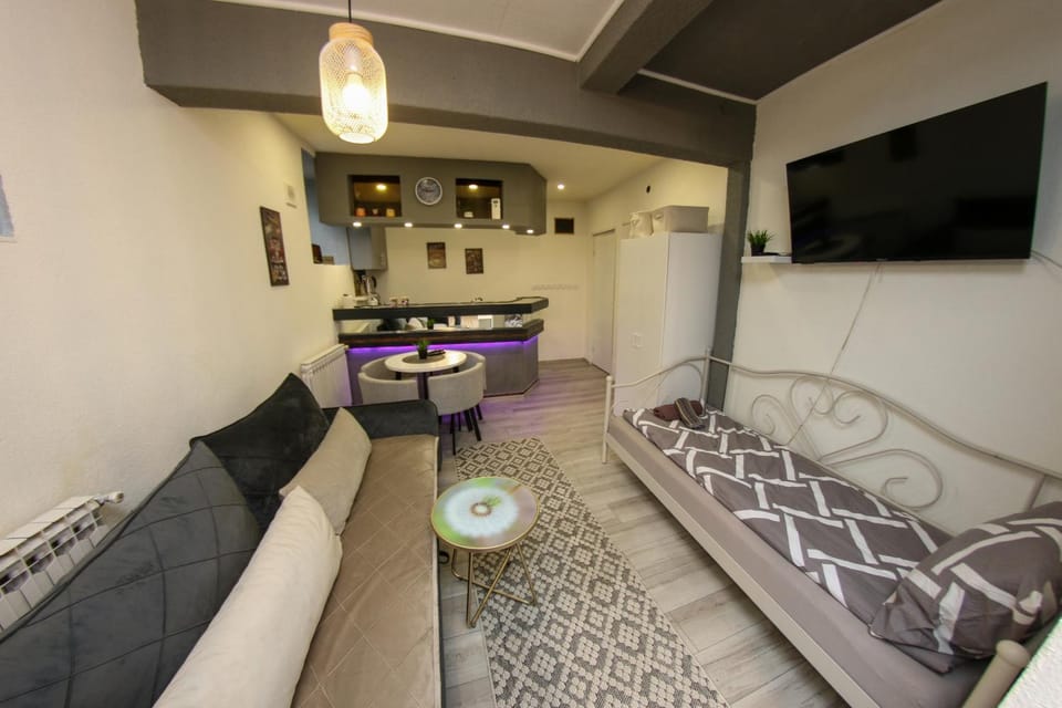 Bed, TV and multimedia, Kitchen or kitchenette, Living room, Photo of the whole room, Seating area
