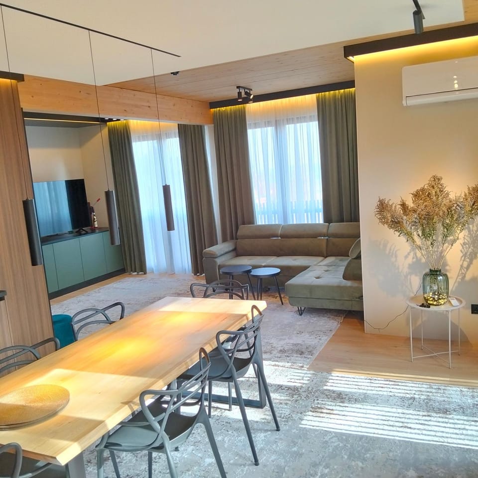 Kitchen or kitchenette, Living room, Seating area, Dining area, air conditioner