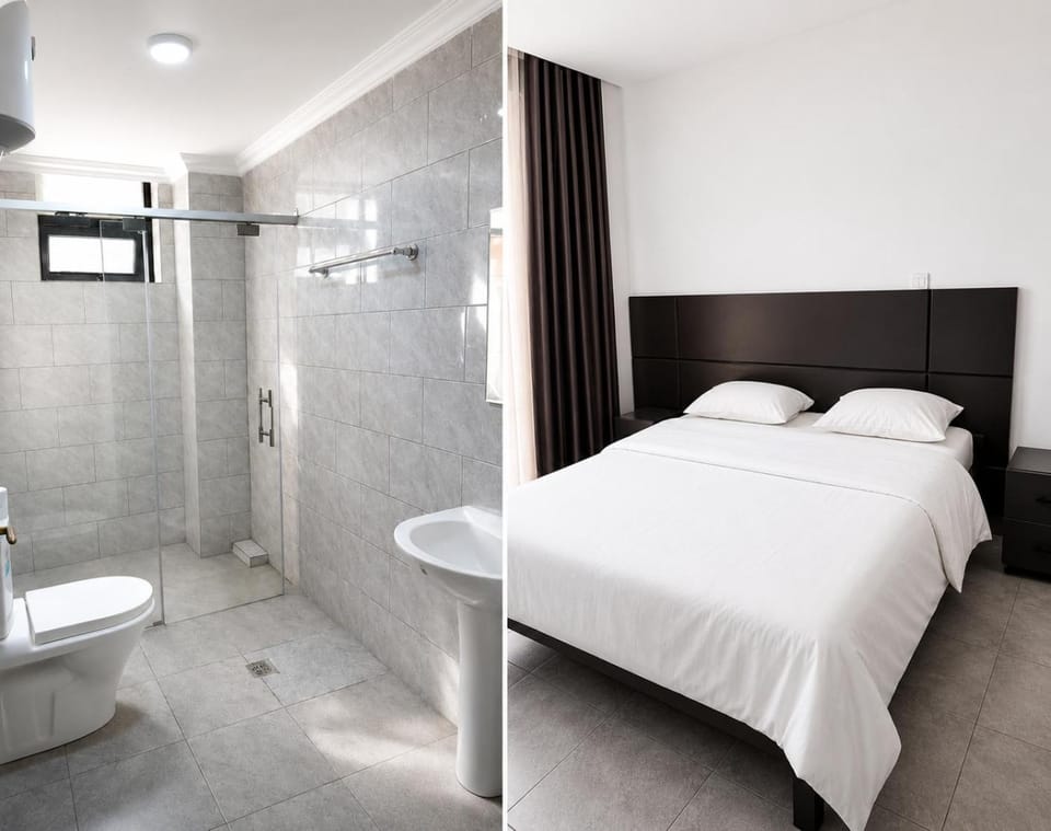 Shower, Toilet, Bed, Bathroom, Photo of the whole room, Bedroom, towels