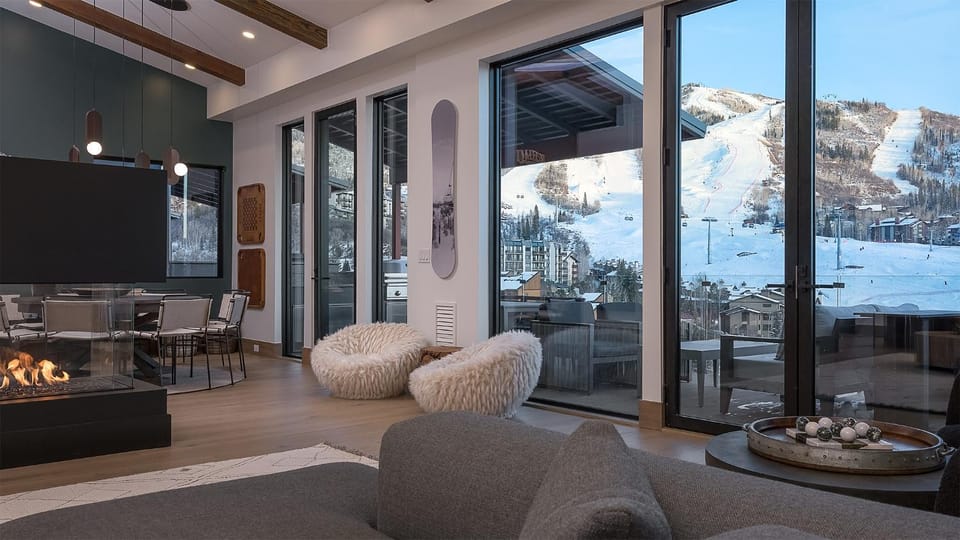 Balcony/Terrace, Living room, Seating area, Mountain view, fireplace
