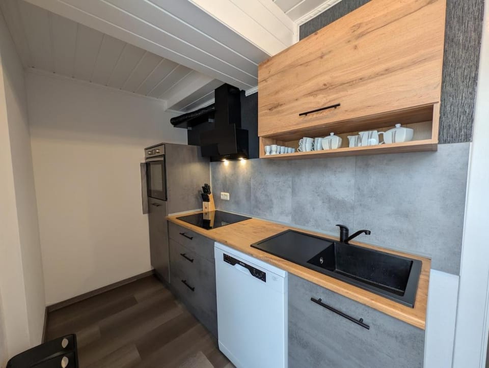 Kitchen or kitchenette, stove