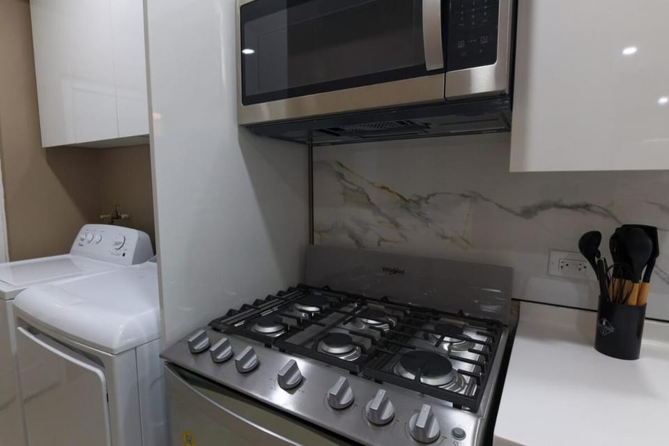 Kitchen or kitchenette, stove