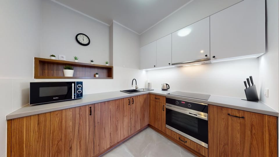 Kitchen or kitchenette, dishwasher, oven, stove