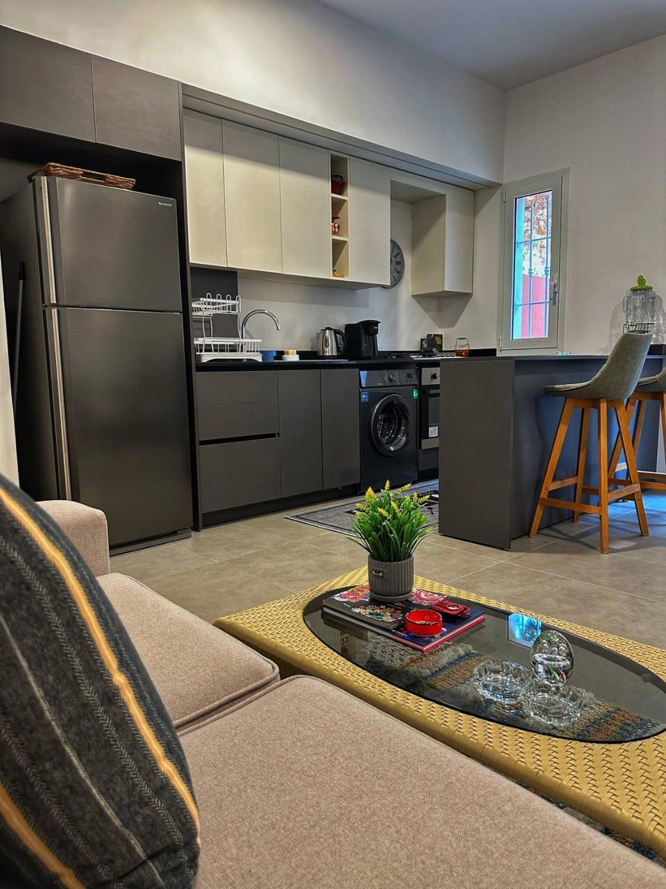 Kitchen or kitchenette, Living room, oven, stove, washing machine